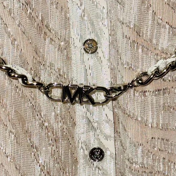 ✨ Michael Michael Kors Metallic Shimmer Midi Dress Chain Waist L - Picture 3 of 16